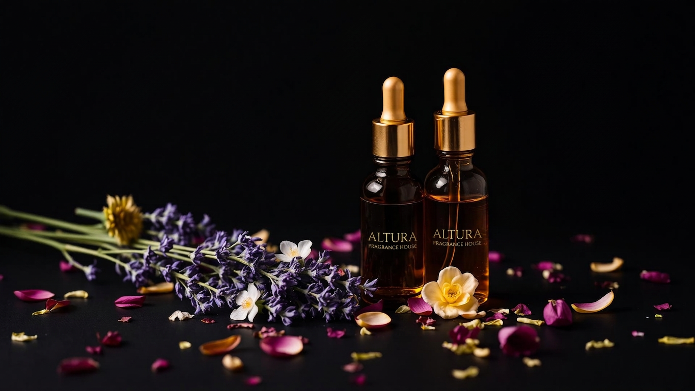 Essential oil bottles arranged with botanicals