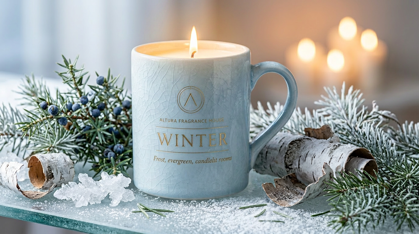 Winter seasonal candle mug by Altura Fragrance House
